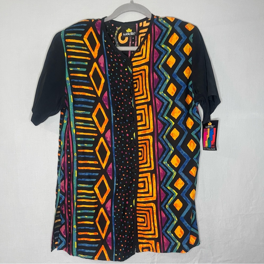 Vintage African Karibo Button Up Black History‎ Month Colorful  Top Size Small